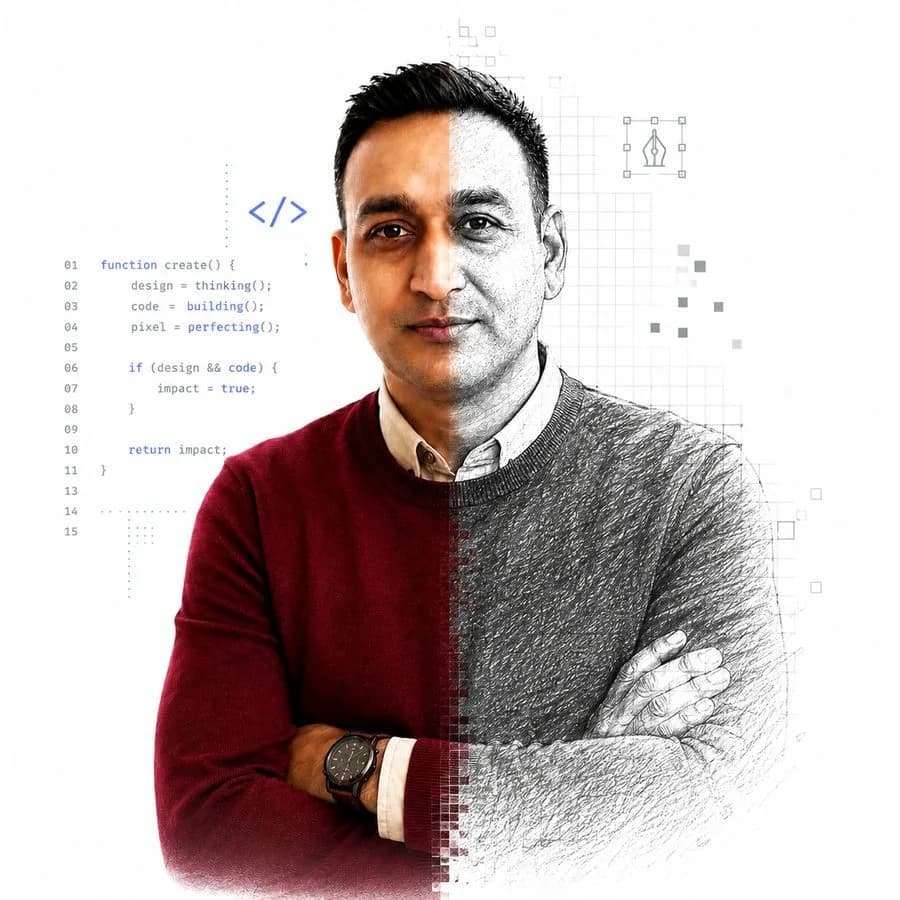 Jit Vaghani — half photograph, half pencil sketch, with code beside him.